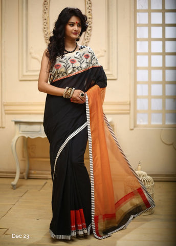 Combination of Black & Orange chanderi with woven floral border