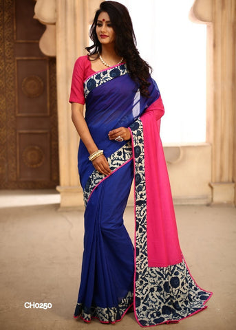 Combination of pink & blue chanderi with indigo border & patch on pallu