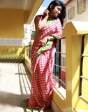 Red Checked Linen Saree