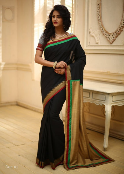 Black handloom cotton with temple border golden slub silk pallu