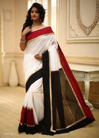 White Chanderi with designer golden striped pallu