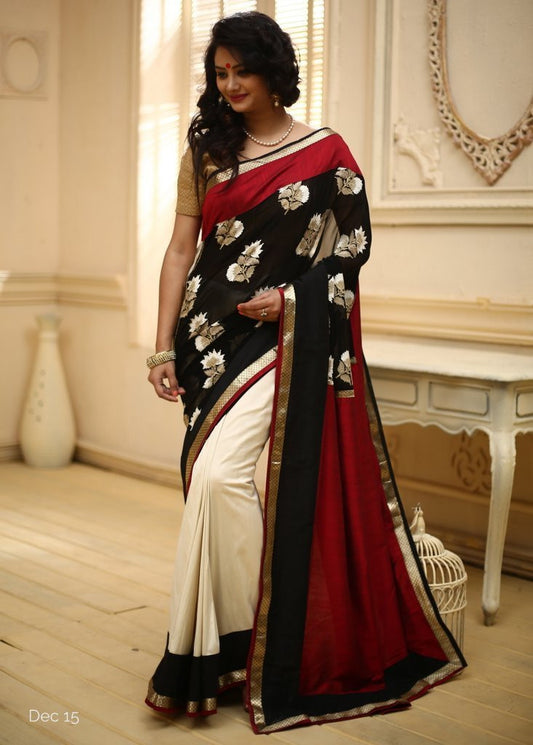 Embroidered black georgette with off white cotton silk & red slub silk pallu