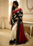 Embroidered black georgette with off white cotton silk & red slub silk pallu