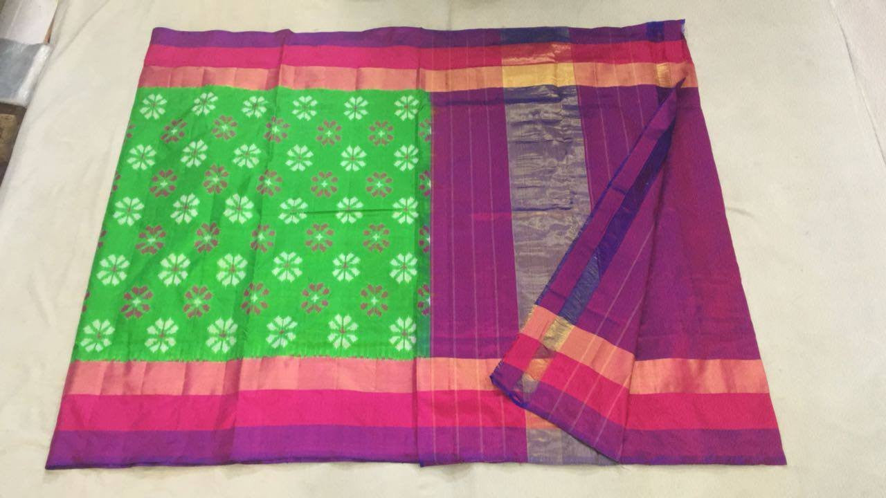 Parrot Green Pure Ikkat Silk Saree