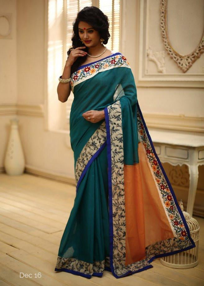 Green chanderi with embroidered lace & printed border & dark orange chanderi pallu