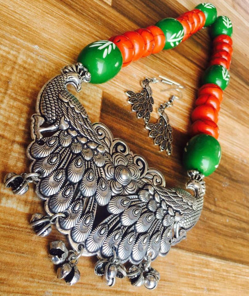 Orange Beads Set with peacock pendent