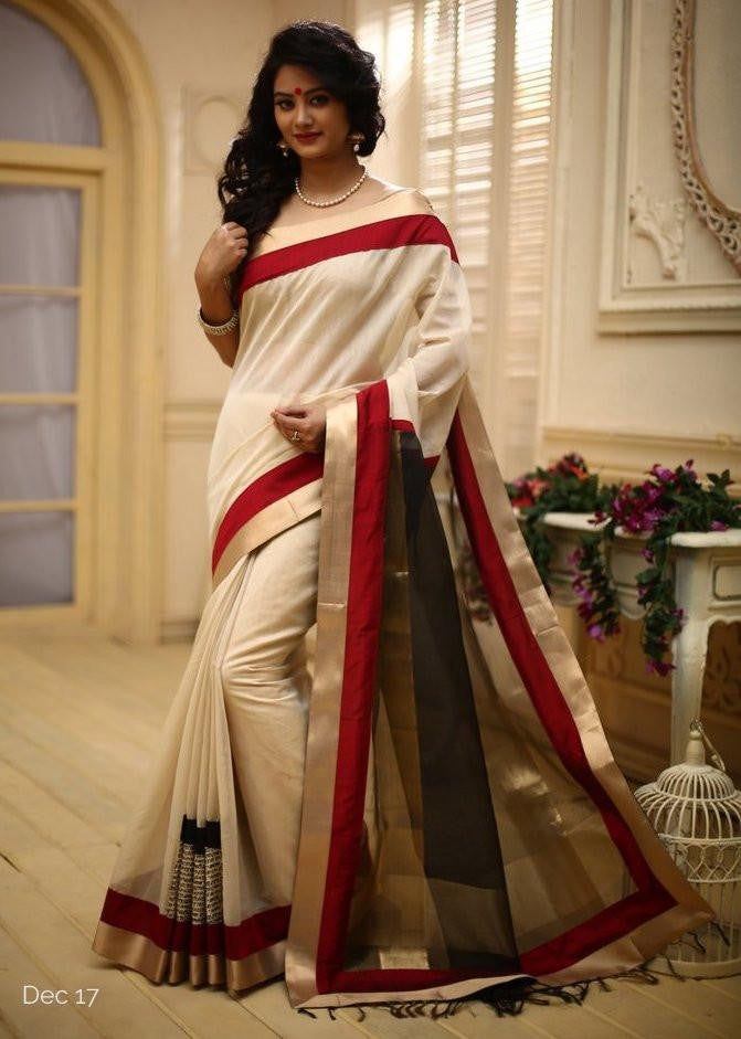 Light Brown chanderi with designer golden striped pallu & zari border