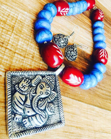 Blue Beads Set with Ganesha pendent