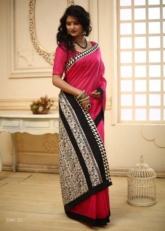 Pink Chanderi with Embroidered Kantha work pallu