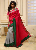 Pink Cotton Silk & grey chanderi with lace border