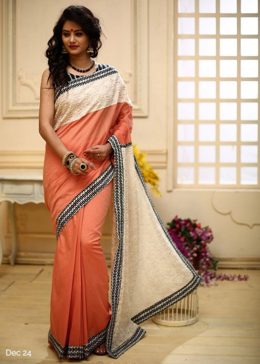 Peach chanderi with embroidered pallu