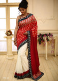 Printed pure silk with ikat border & cotton silk pallu & white chanderi pleats