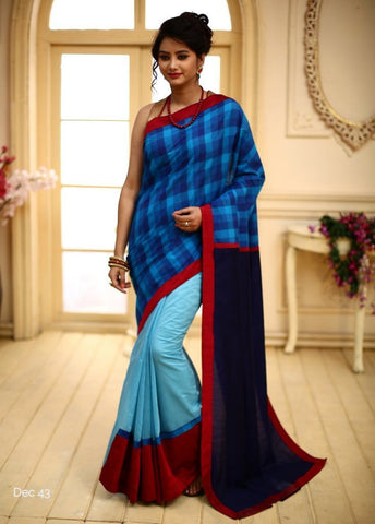 Handloom cotton checks with blue chanderi & Navy blue slub silk pallu