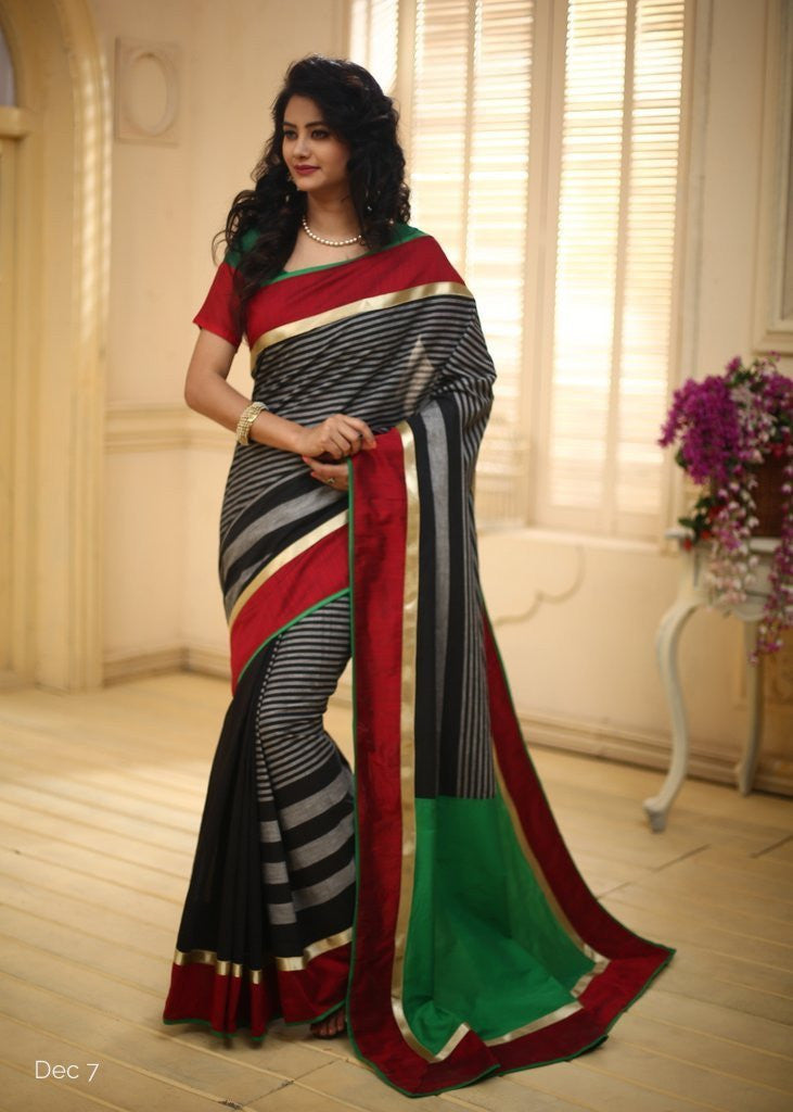 Black Striped cotton with Red slub silk & zari border