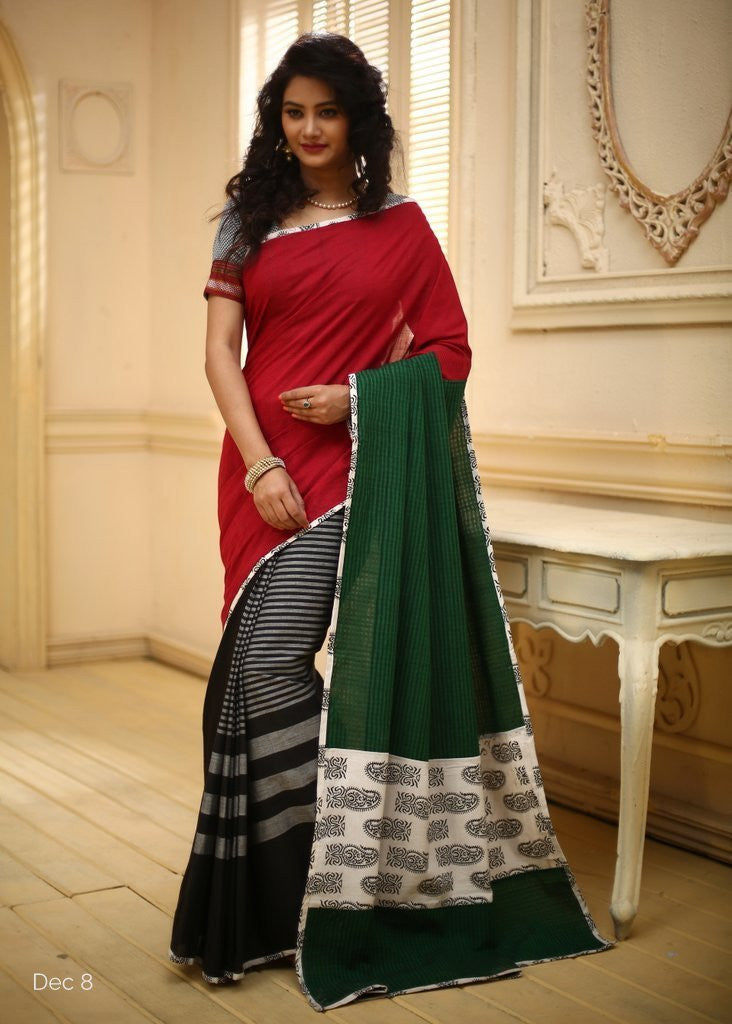 Red Handloom cotton with black striped cotton pleats & green handloom pallu