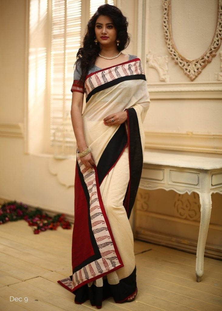 Off White chanderi with printed cotton border with red slub silk pallu