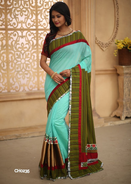 Green chanderi with striped cotton pallu & embroidered  floral motifs
