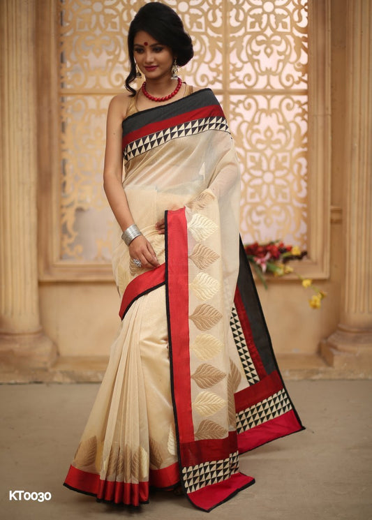 Beige kota with banarasi work with red, black & geometric border