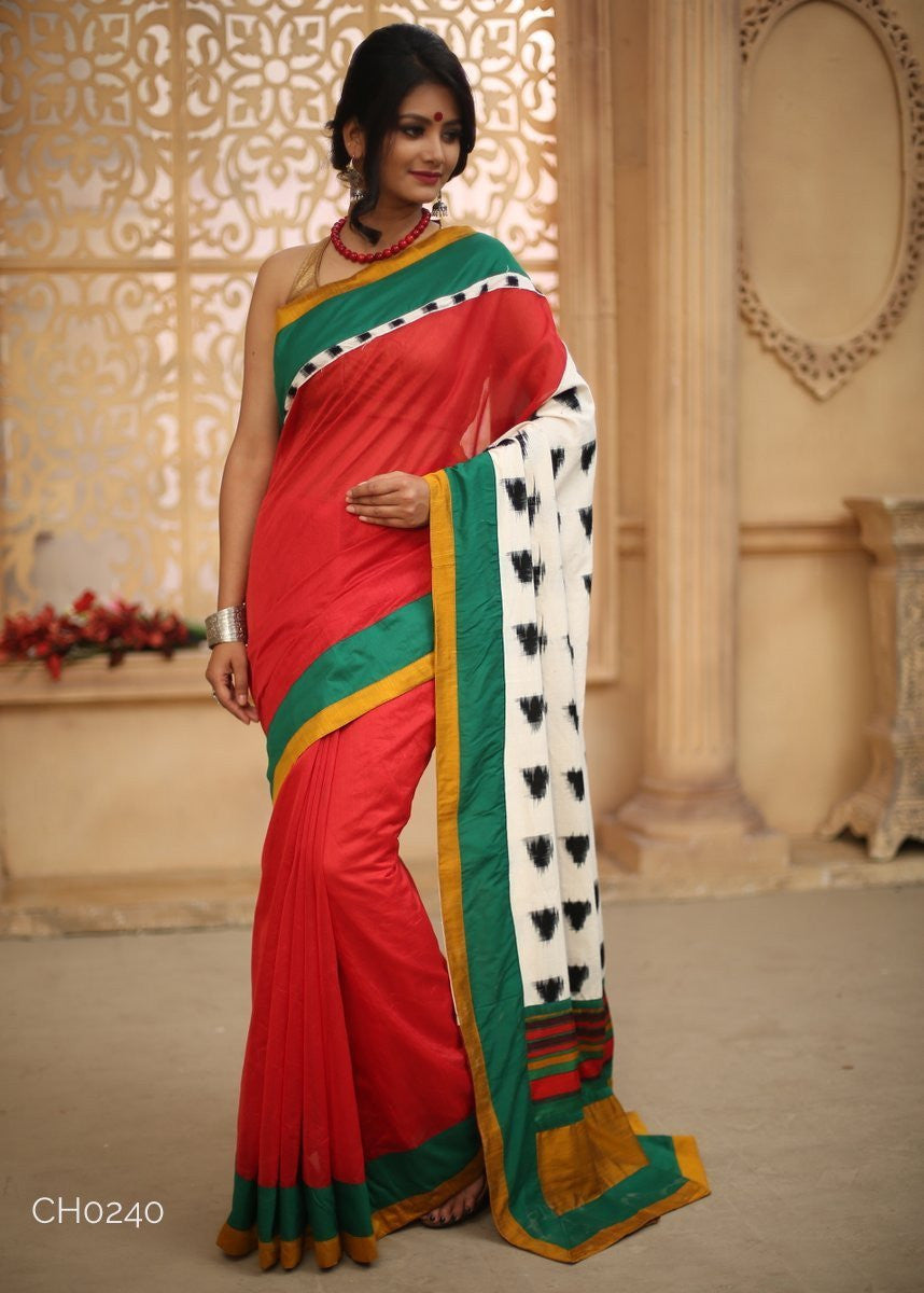 Red chanderi with ikat pallu & green & yellow border