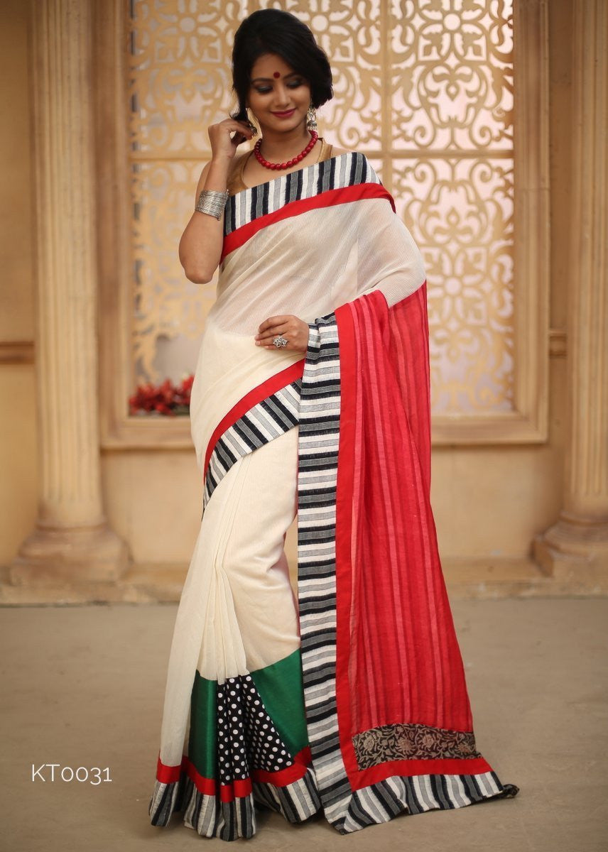 White Kota with ikat border & pink bengal silk striped pallu