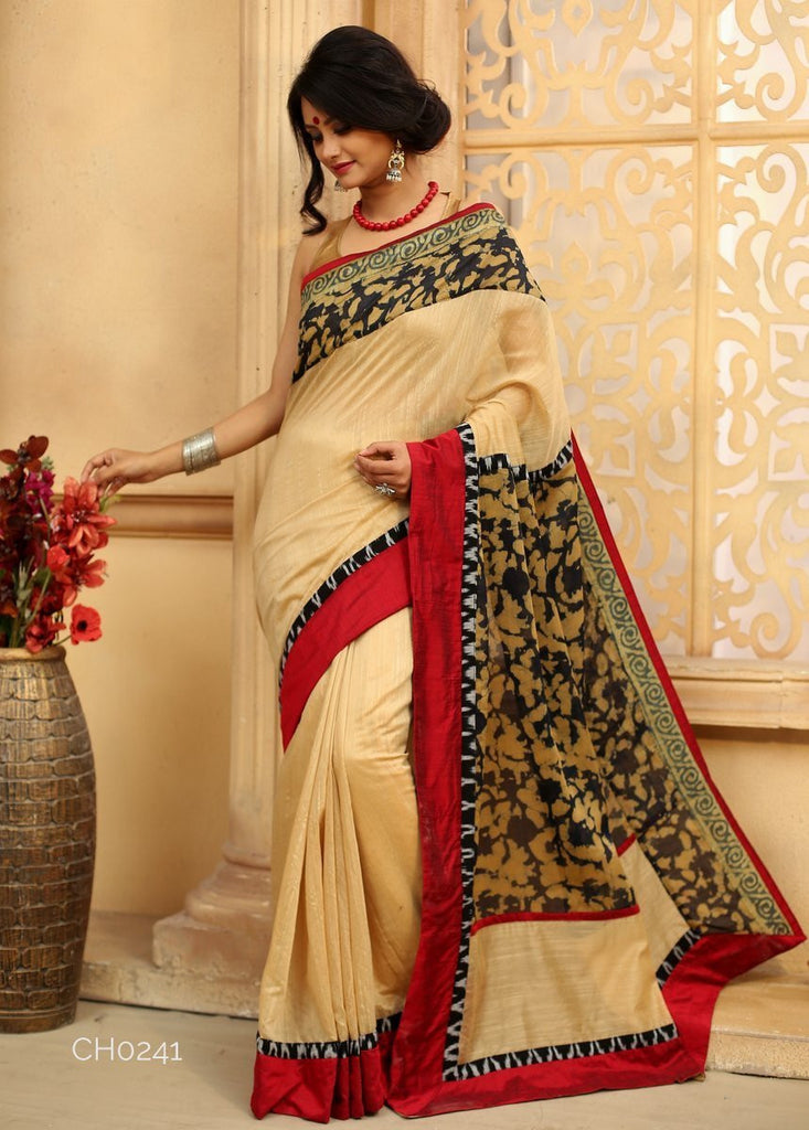 Beige Chanderi with abstract printed chanderi on pallu & border together with ikat border
