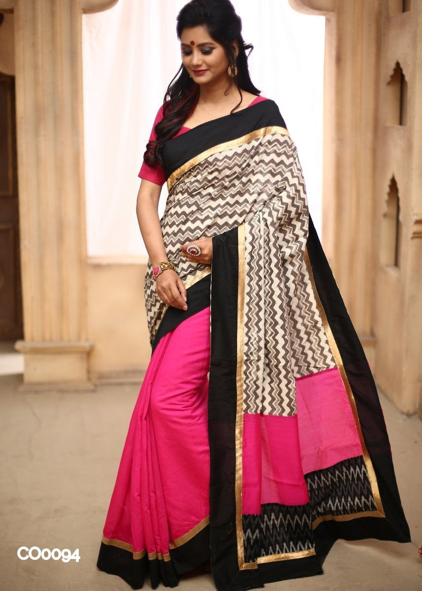 Printed zig zag cotton in front with pink chanderi pleats & black border