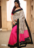 Printed zig zag cotton in front with pink chanderi pleats & black border