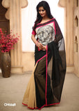 Black chanderi with hand painted madhubani work in front with beige chanderi on pleats