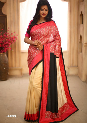 Printed pure silk in front with beige chanderi in pleats with black & beige silk on pallu