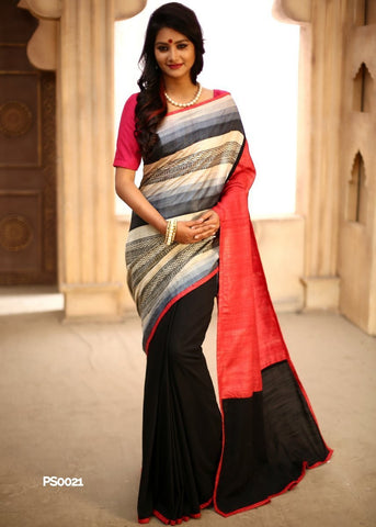 Printed pure silk in front with pure silk pink pallu & black slub silk on pleats