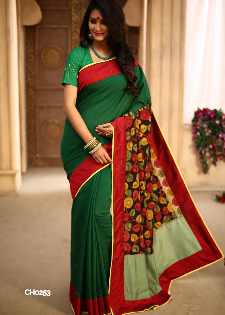 Green Chanderi with handpainted kalamkari pallu & red border