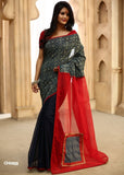 Ajrakh print on chanderi with red chanderi pallu with mantra patch & dark blue chanderi pleats