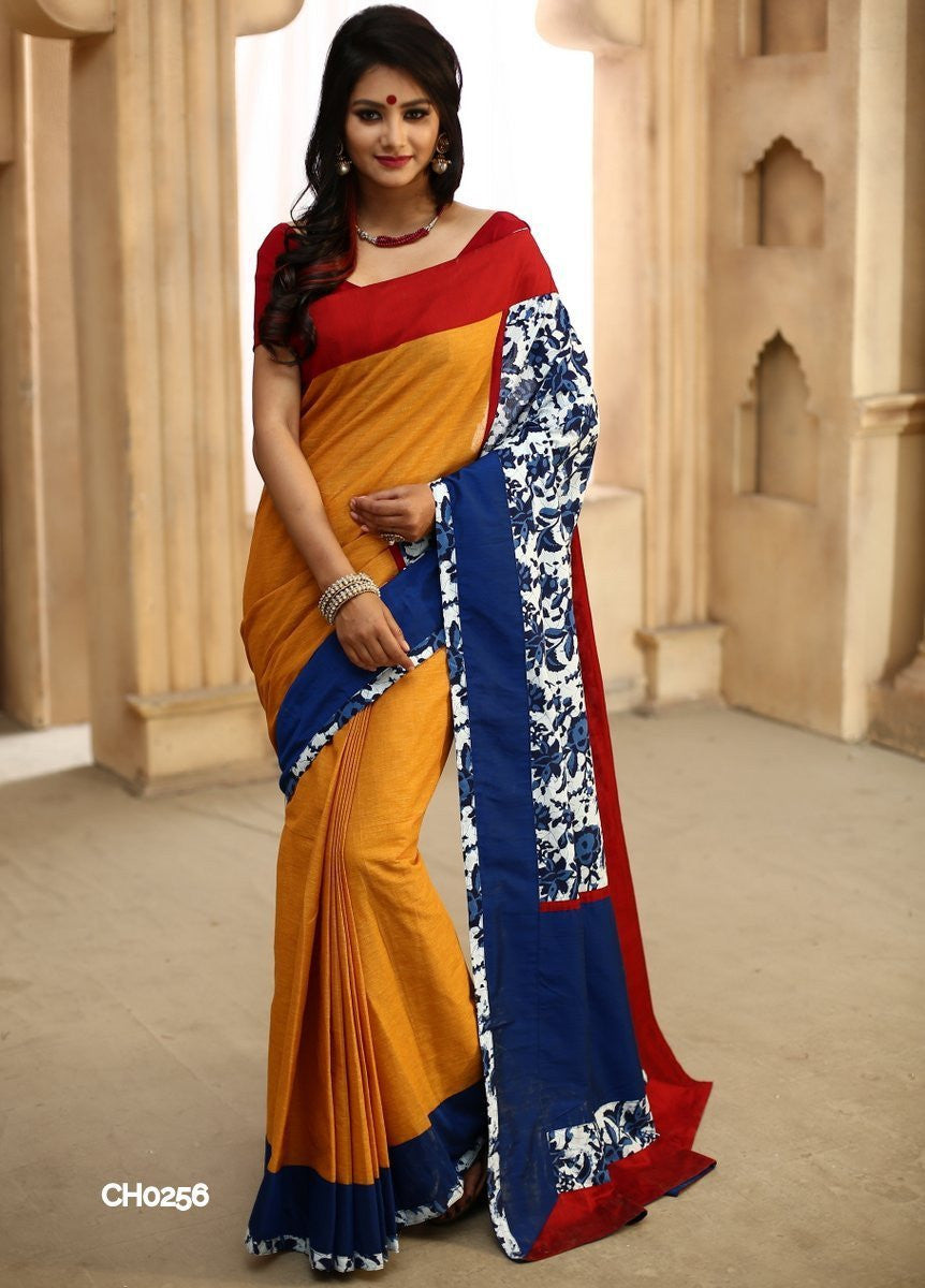 Yellow chanderi with indigo printed cotton pallu