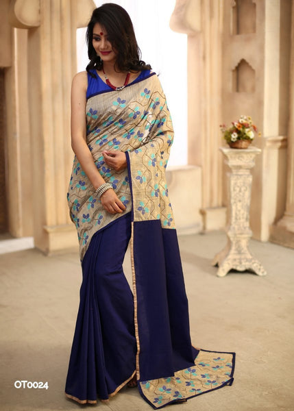Cross stitch work on beige with royal blue cotton silk pleats and pallu