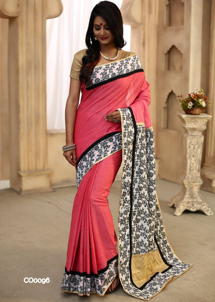 Pink Handloom cotton with floral printed cotton pallu