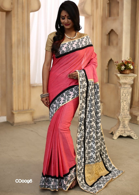 Pink Handloom cotton with floral printed cotton pallu