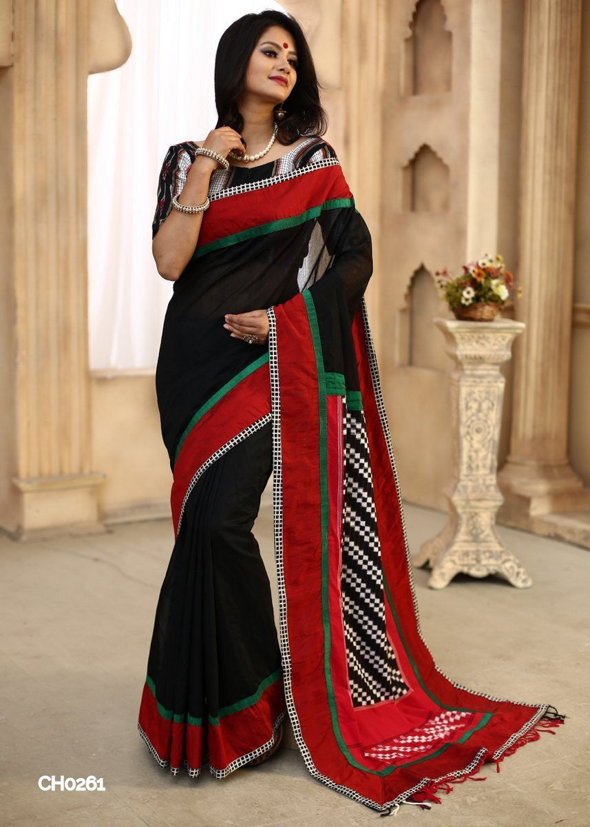 Black chanderi with jodhupuri work pallu