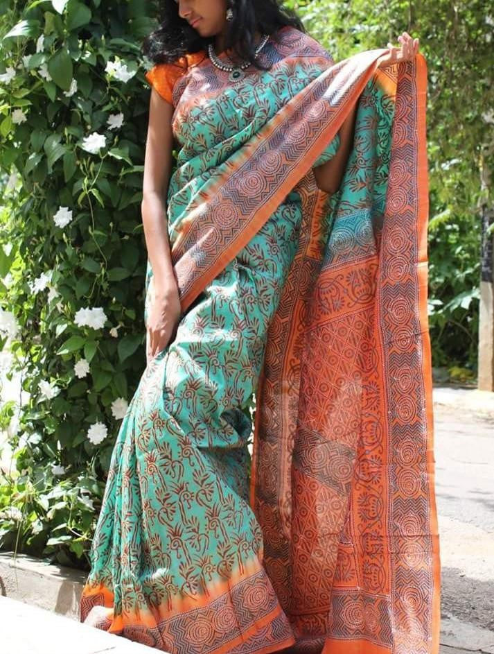 Sea Green Hand Embroidered Kantha Silk Saree