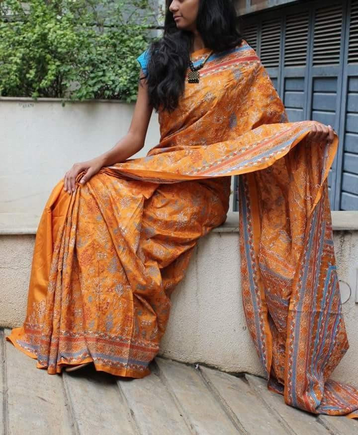 Mustard Yellow Hand Embroidered Kantha Silk Saree