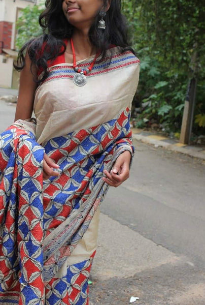 Offwhite Hand Embroidered Kantha Silk Saree