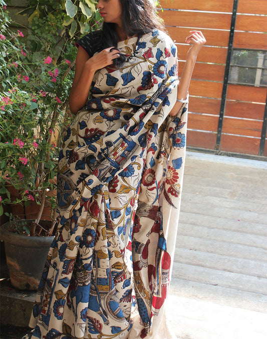 Offwhite soft Silk Kalamkari  Saree