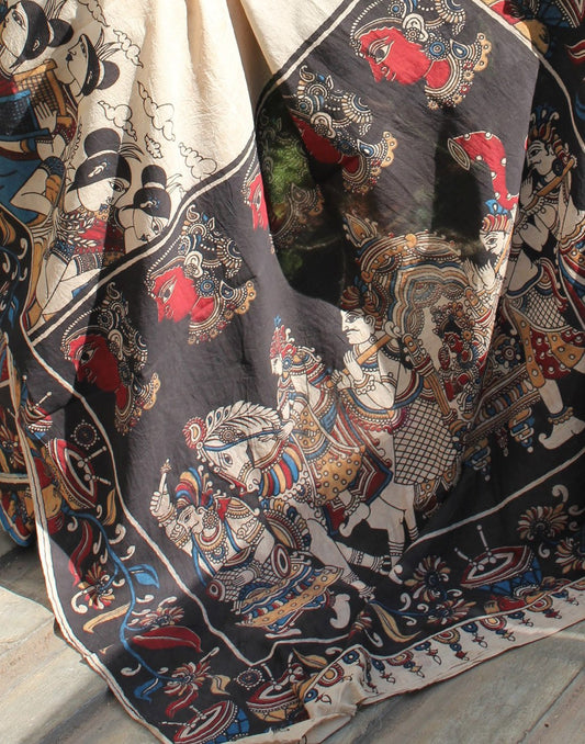 Beige Cotton Kalamkari Saree