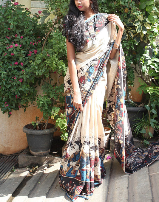 Beige Cotton Kalamkari Saree