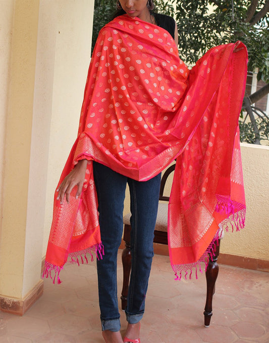 Orange Banarasi Dupion Dupatta with small buttis