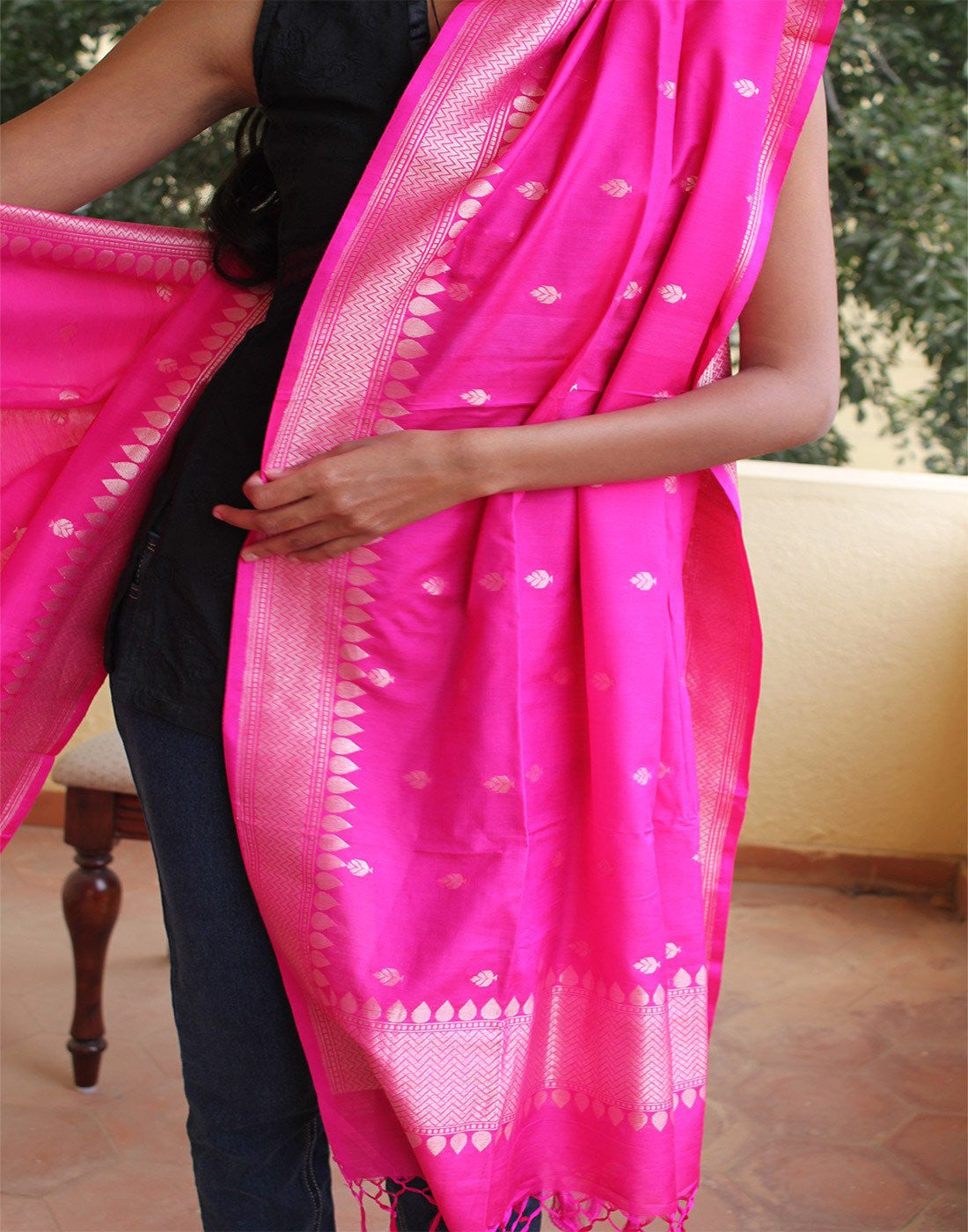 Hot Pink Banarasi Dupion Dupatta with small buttis