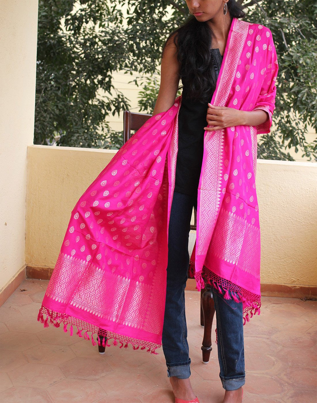 Hot Pink Banarasi Dupion Dupatta with small buttis