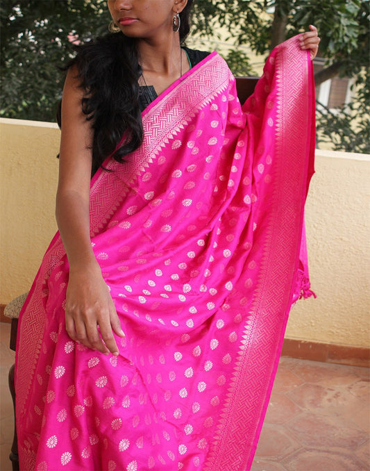 Hot Pink Banarasi Dupion Dupatta with small buttis