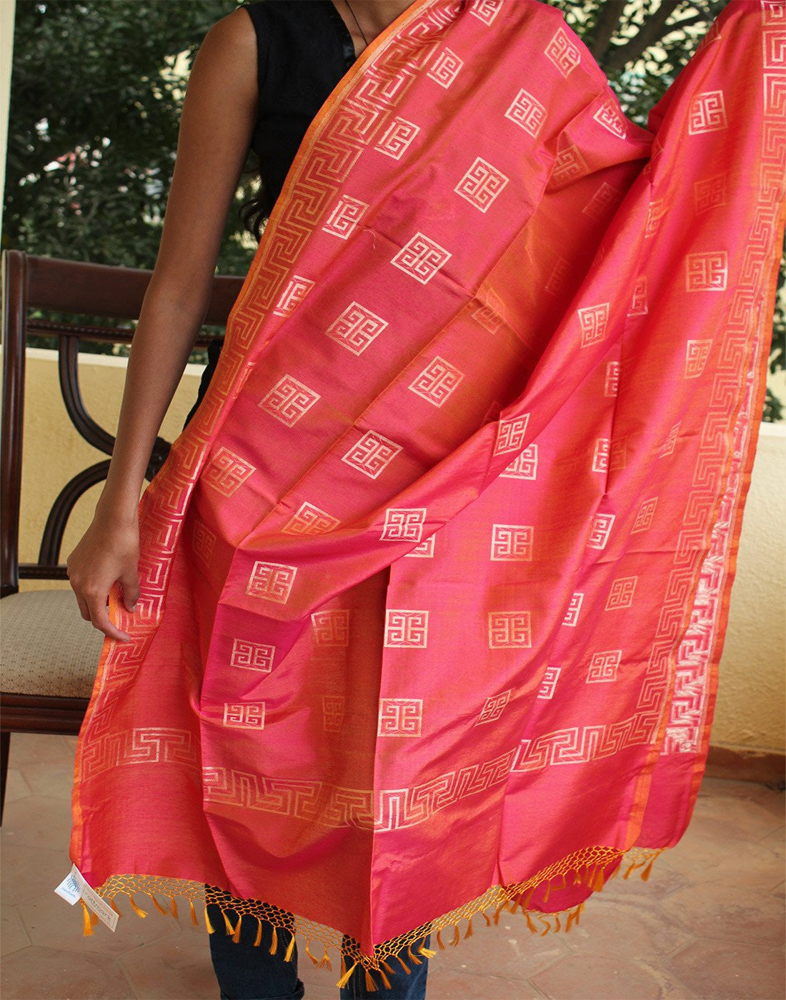 Orange Banarasi Dupion Dupatta with small buttis