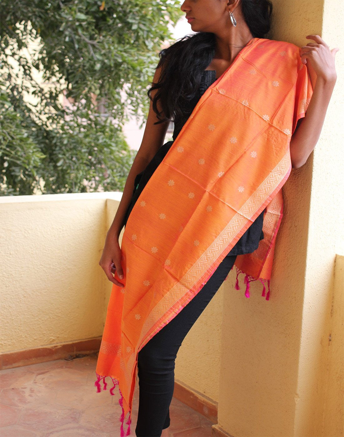 Orange Banarasi Dupion Dupatta with small buttis