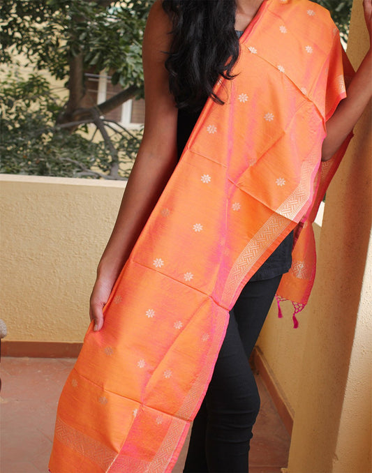 Orange Banarasi Dupion Dupatta with small buttis